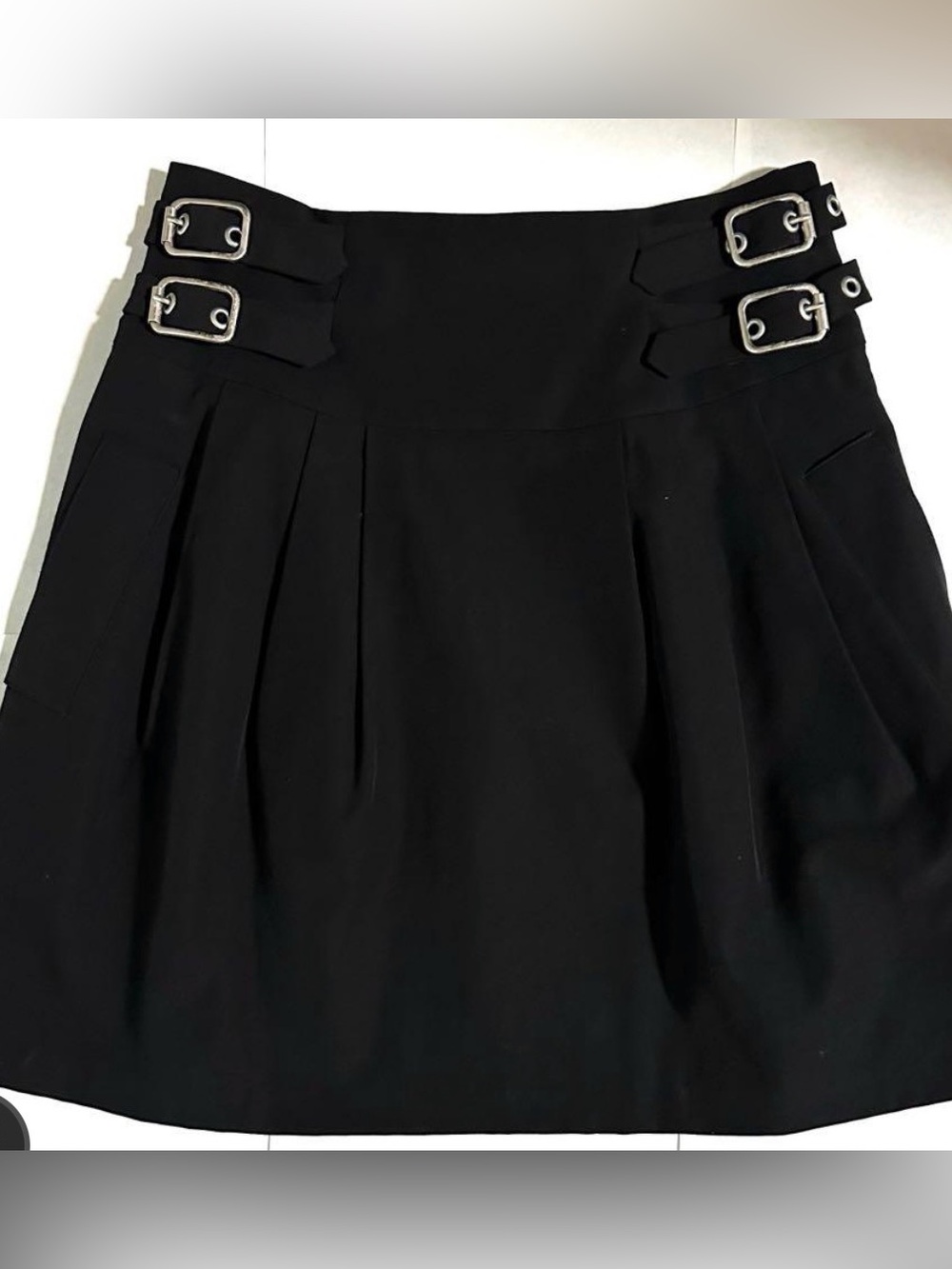 Nanette Lepore Black Pleated Skater Skirt with Double Buckles